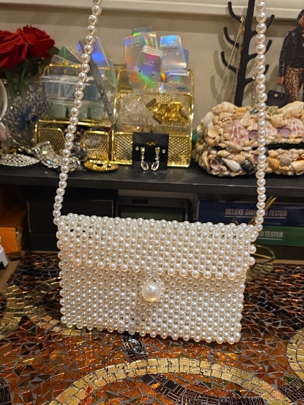 Pearl Beaded Clutch with Shoulder Strap - Elegant White Pearl Wristlet - Picture 6 of 6